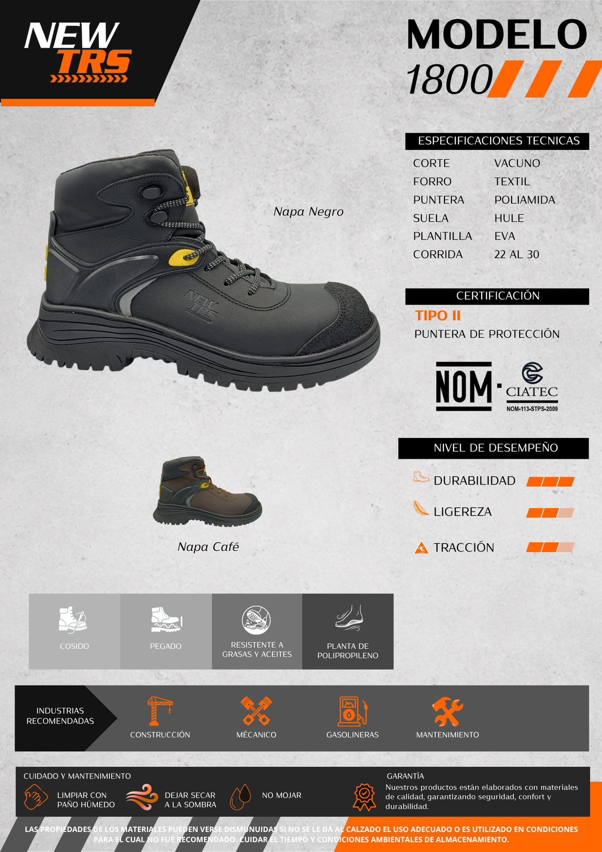 Bota Industrial de piel  con puntera de protección  New Trs 1800 Napa Café