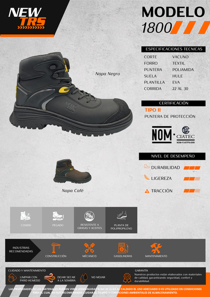 Bota Industrial de piel  con puntera de protección  New Trs 1800 Napa Café