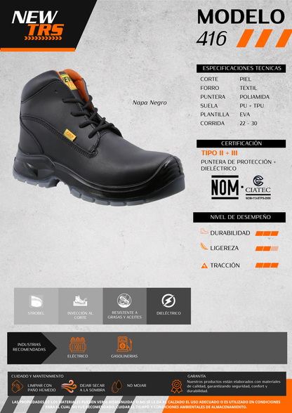Bota Industrial Dielectrica de piel con puntera de protección New Trs 416 Napa Negro